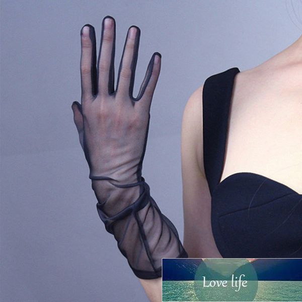 Сексуальные кружевные эластичные вождения солнцезащитные перчатки 38см женщины лето тонкие длинные черные марлевые анти-ультрафиолетовые прозрачные оперные перчатки перчатки фабрики цена экспертов