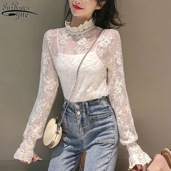

spring and autumn high collar long sleeve embroidered women blouse lace bottom shirt korean mesh female 13130 210427, White