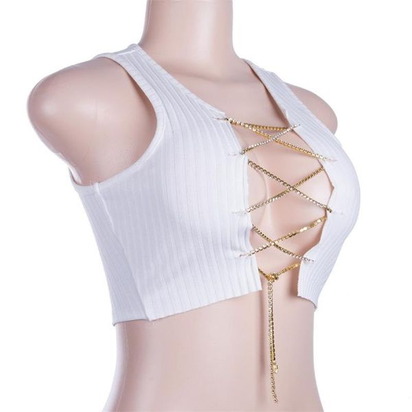 

women's tanks & camis metal chain sleeveless crop clubwear women adjustable lace up hollow out tank tees nightclub camisole, White
