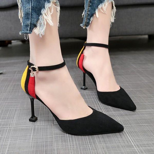 

dress shoes women pumps mixed colors flock pointed toe high heel female thin fashion ladies classic office shoe y21-02, Black