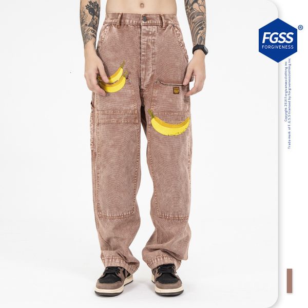 

jeans fgss men's clothing - autumn and winter 2021 fashion brand banana embroidery casual loose multi pocket tooling pants, Blue