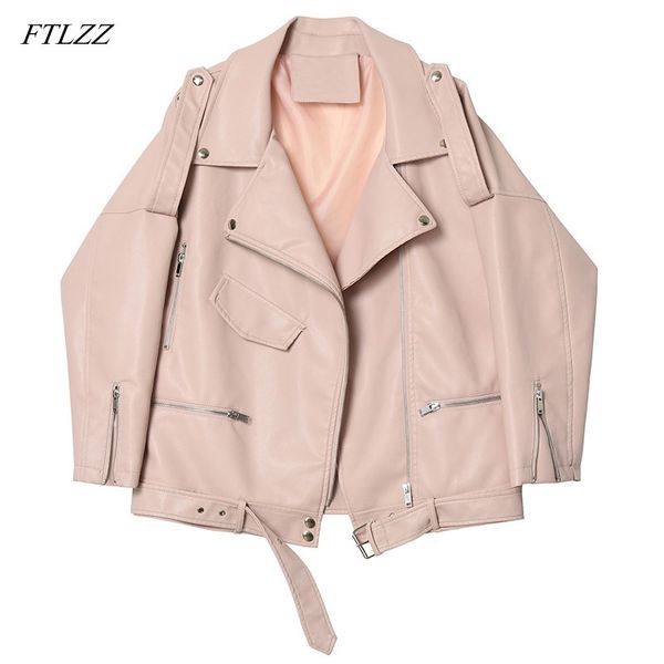 

women loose faux soft leather jacket coat autumn with belt pu streetwear overcoat female zipper rivet punk 210423, Black