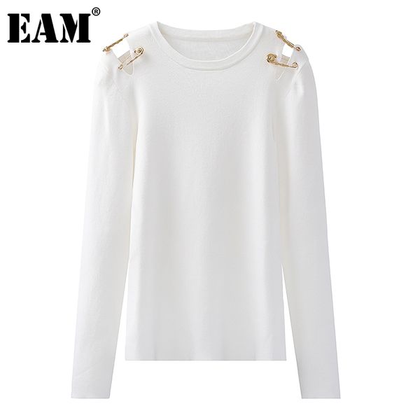 

[eam] women white slim knitting hollow out off shoulder t-shirt round neck long sleeve fashion spring summer 1dd7440 210512