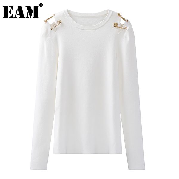 [EAM] T-shirt da donna bianca slim lavorata a maglia con spalle scoperte, girocollo, manica lunga, moda primavera estate 1DD7440 210512