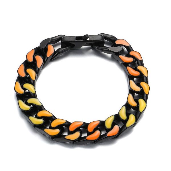 

link, chain brand ins design 10mm simple drip oil enamel orange fluorescent green miami cuban solid metal hip hop rapper jewelry 8inch, Black
