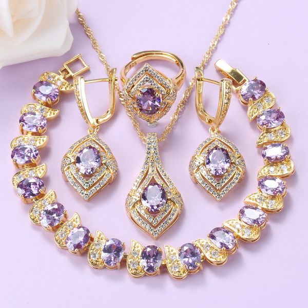 

jewelry sets dubai 2021 fashion women wedding accessories gold-plated natural purple crystal necklace 4-piece, Black