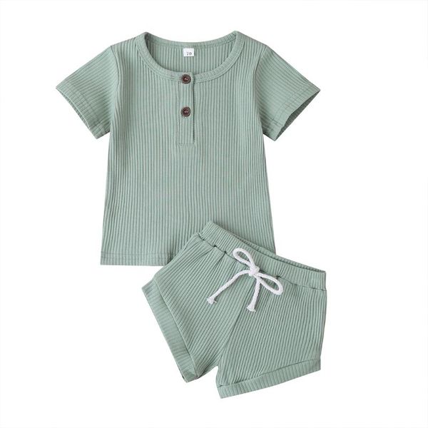 

baby outfits two piece solid ribbed sets short sleeve o neck button pp shorts infant toddler girls boys summer sets6-24m jumpsuits, Blue