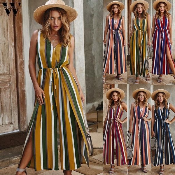 

women's jumpsuits & rompers womail bodysuit women summer boho stripe v neck split spaghetti strap long overalls beach wide leg jumpsuit, Black;white