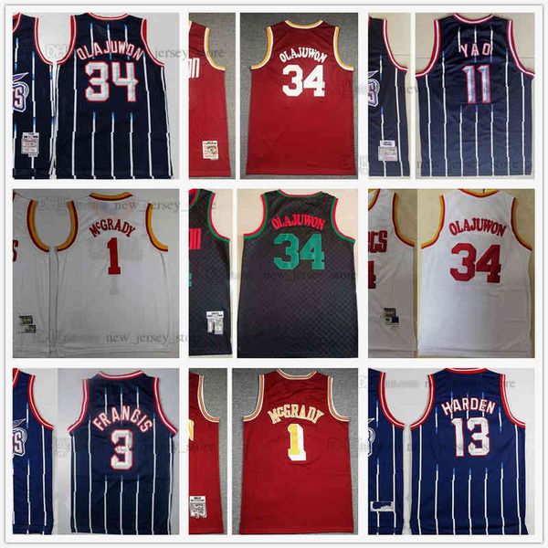 

mitchell and ness retro 02-03 basketball 11 yao 13 harden ming jerseys stitched vintage stripe 34 hakeem 3 steve olajuwon francis tracy clyd, Black;red
