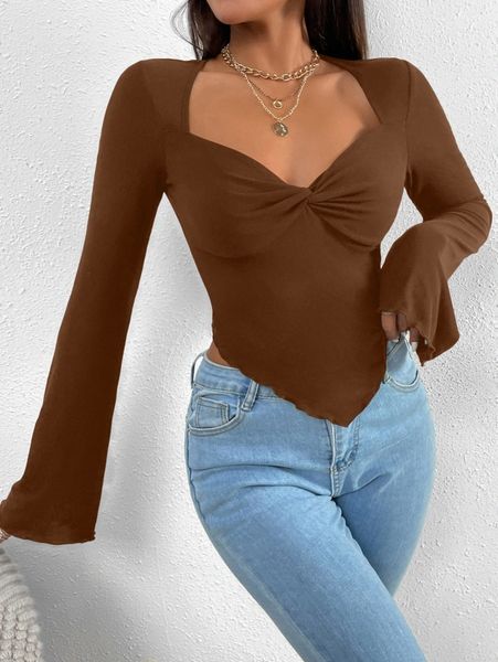 

trumpet sleeve lettuce trim twist hanky hem crop tee t0m9#, White