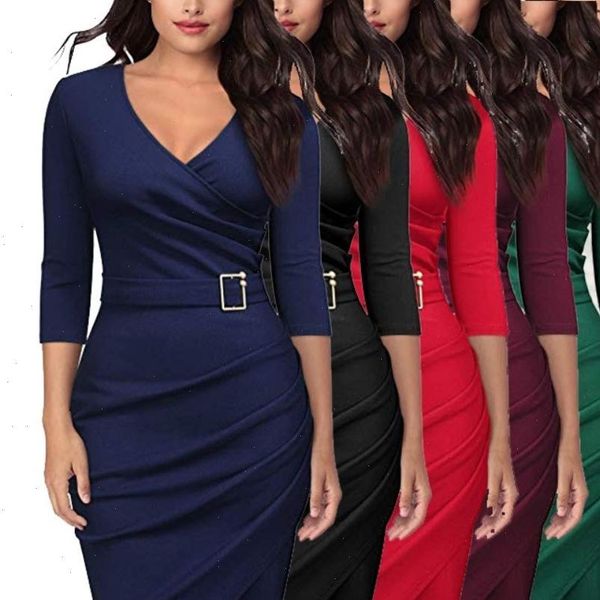 

solid color womens dresses women v neck 3 4 sleeve high waist belted irregular pencil dress, Black;gray