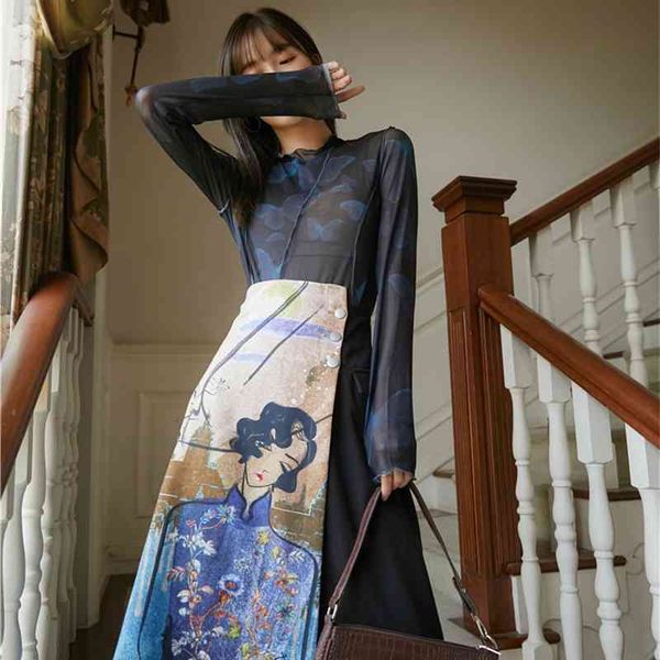 

casual dresses painting patchwork woman skirts high waist button asymmetrical skirt women autumn fashion designer clothing 3rhu, Black;gray