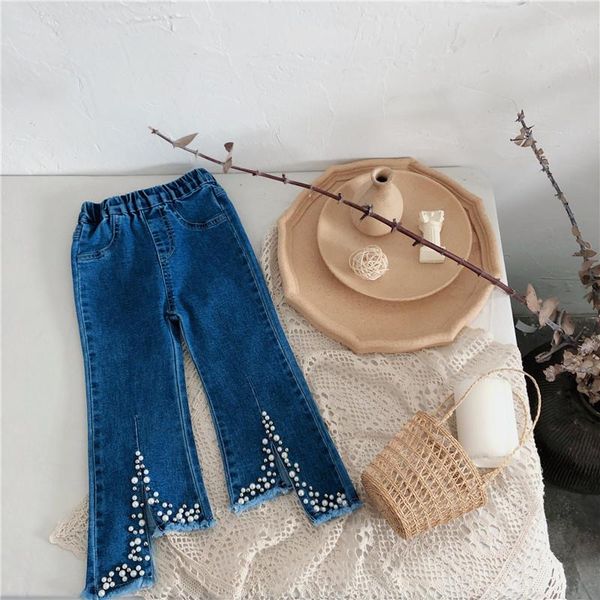 

girls jeans 2021 spring summer korean clothes kids stretch denim trousers 2-7 years fashion baby children's pearl pants, Blue