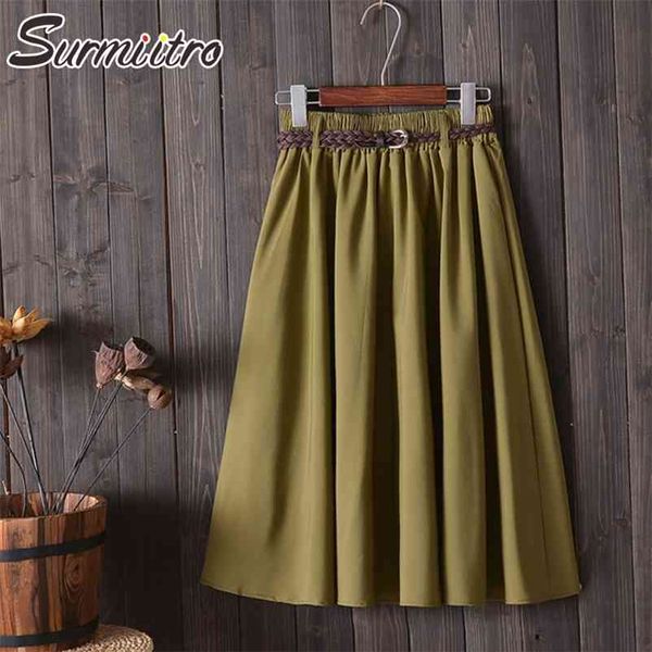 

surmiitro knee length midi summer skirt women with belt korean ladies blue black red high waist pleated school skirt female 210412