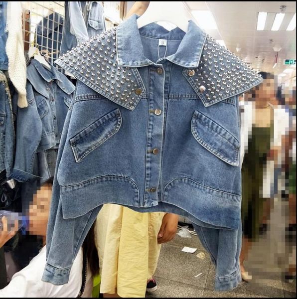 

women's jackets spring autumn women harajuku rivets denim jacket coat lotus collar punk jean student loose basic outfit, Black;brown