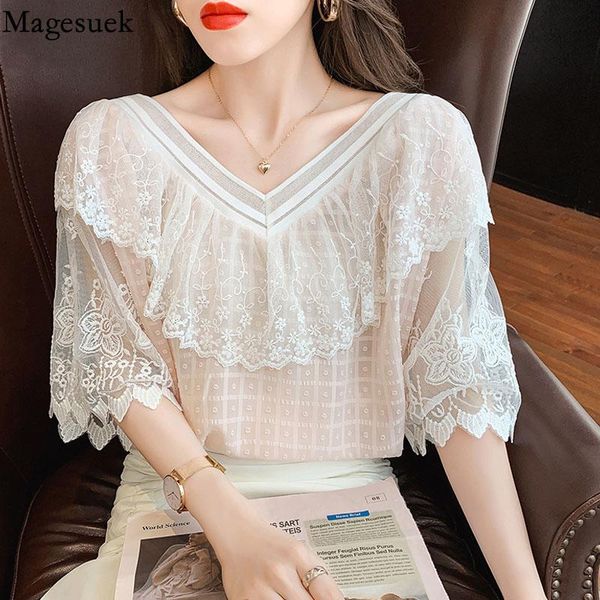 

women's blouses & shirts summer v-neck lace blouse women short sleeve ruffle stitching chiffon shirt korean slim sweet solid chic tasse, White