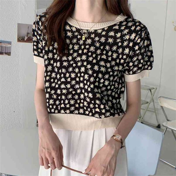 

spring summer o-neck thin knitted sweater women floral tee shirt loose casual korean chic puff sleeve sweet t-shirts 210529, White