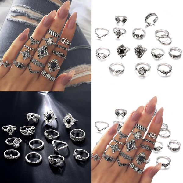 15pcs / set Vintage Punk Women Black Crystal Finger Knuckle Rings Set per ragazze Moon Lotus Charm Bohemian Ring Fashion Jewelry Gift