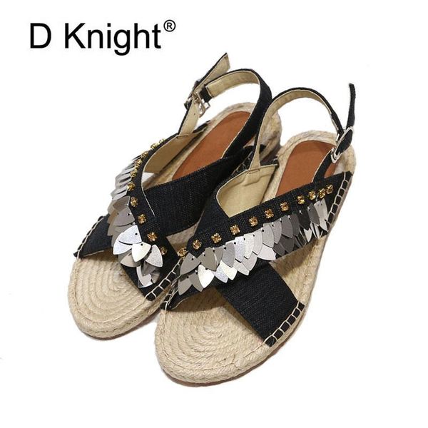 

women's casual canvas flat sandals fashion insole metal bling cross strap gladiator big size 35-40 espadrilles, Black