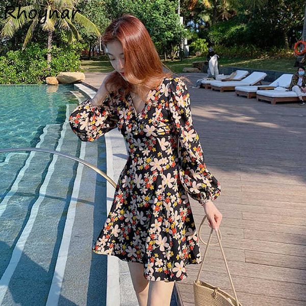 

casual dresses long sleeve dress women temperament french style v-neck all-match floral printing basic classic est lovely students cozy ins, Black;gray