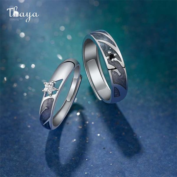 

thaya 925 silver sky starry couple ring for lovers adjustable open design enamel valentine gift women men fine jewelry 211217, Slivery;golden