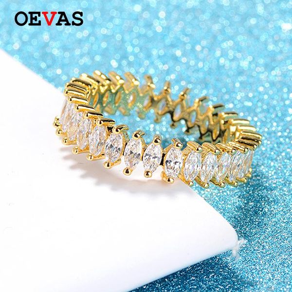 

cluster rings oevas 100% 925 sterling silver 18k gold plated wedding for women sparkling 1 row horse eye zircon party fine jewelry gifts, Golden;silver