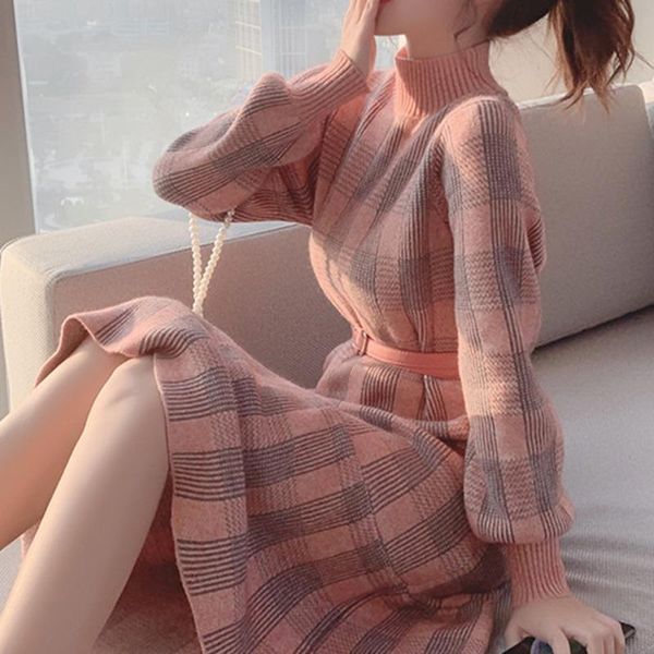 

casual dresses 2021 autumn winter ruffles thickening knitted mermaid dress women warm fashion korean sweater half high collar robe vestidos, Black;gray