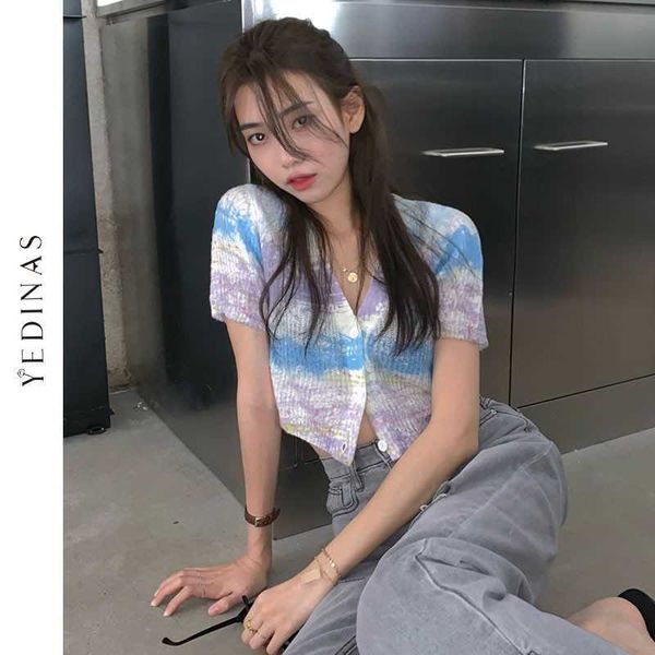 

yedinas korean style tie dye crop knitted cardigan t shirt women short sleeve t-shirts ladies y2k 90s knitwear summer tees 210527, White
