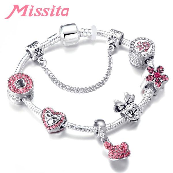 

charm bracelets missita romantic bracelet for women pink hat with bow heart beads brand anniversary gift, Golden;silver