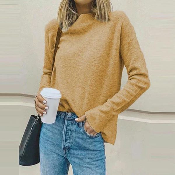 

women's blouses & shirts fashion long sleeve blouse high collar pure color shirt casual elegant pullover et chemises 2021, White