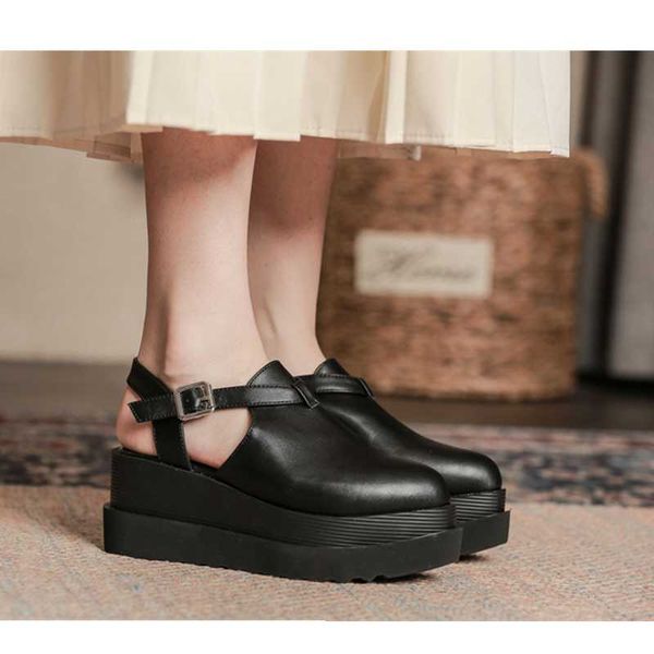 

dress shoes fashion baotou single female summer 2021 fairy buckle high-heeled wedge-heel platform roman sandals, Black
