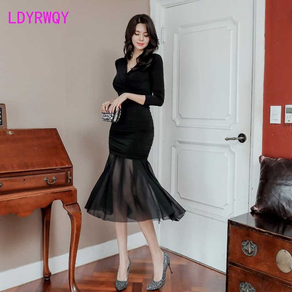 

autumn and winter korean black slim stitching chiffon dress zippers ankle-length solid sheath office lady 210603, Black;gray