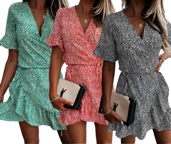 

charming dresses selling wrap skirt print v-ne lace up chiffon floral in 2021 summer, Black;gray