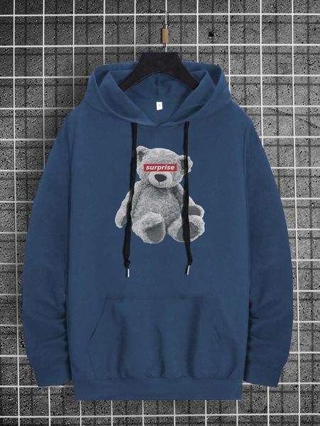 

men bear and letter graphic drawstring hoodie e75h#, Black