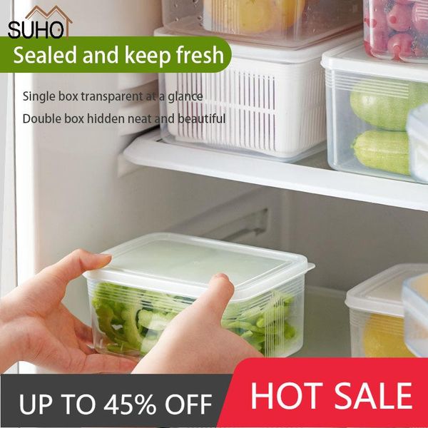 

storage bottles & jars refrigerator keep fresh box kitchen vegetable fruit drain crisper multifunctional plastic basket container with lip