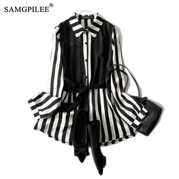

women's blouses & shirts fashion women 2021 single breast cardigan vertical striped turn down collar fake two-piece chiffon shirt woman, White