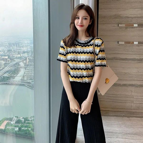 

women's two piece pants fashion wavy strip knitted short sleeve women + office high waist vertical striped wide leg suit female spring, White