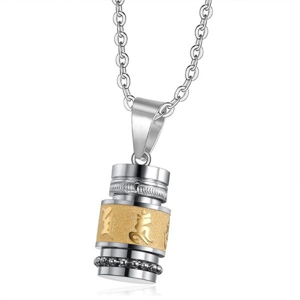 

pendant necklaces stainless steel buddhism six words rotatable necklace women men mantra prayer wheel bottle urn, Silver