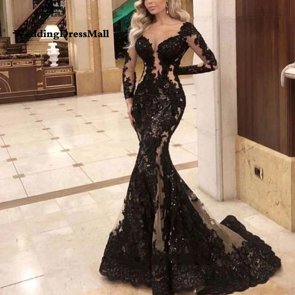 

long sleeves v-neck black evening dresses 2021 new party night robe de soiree elegant long sleeves vestidos prom lace gowns, Black;red