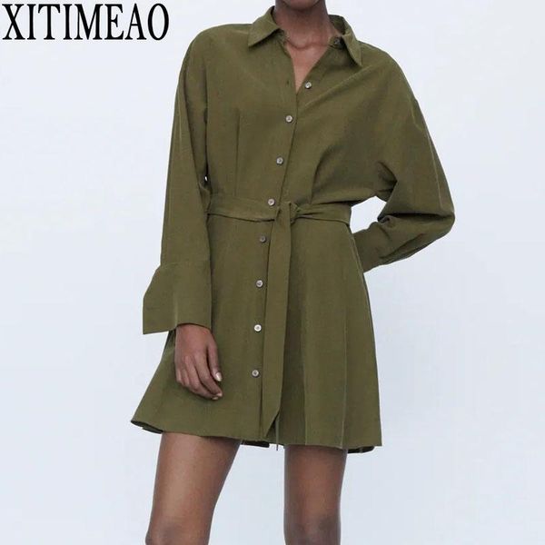 

tie waist shirt dress women long sleeve turn down collar army green bandage short mini dresses casual, Black;gray