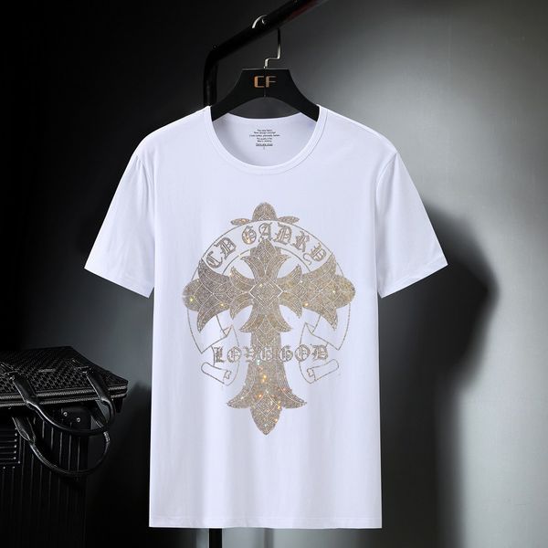 

crosin men's handsome diamond modal cotton t-shirt short sleeve fat men's round neck fashion large sum, White