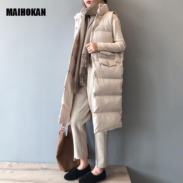 

women's vests maihokan 2021 fashion winter down jacket women long stand collar parka female casual sleeveless solid vest chic coat, Black;white