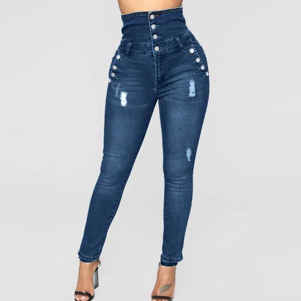 

women casual denim jeans plus size four-breasted ripped stretch slim skinny high waist female vaqueros mujer #t1g women's, Blue