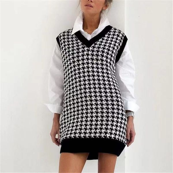 

women's knits & tees vintage v neck houndstooth vest sweater women loose sleeveless knitted jumper korean fashion pullover autumn winte, White