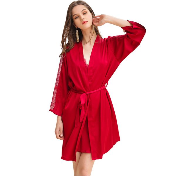 

women's sleepwear ice silk pajamas lace suspender night hollow out nightgown 2-piece chest pad 7 / 4 sleeve home clothes, Black;red