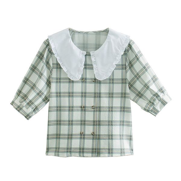 

blsqr sweet peter pan collar plaid blouses short sleeve shirts female casual style chic blusas mujer 210430, White