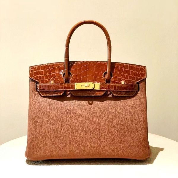 

touch with real crocodile handle 30cm brand handbag4colors to choose fully handmade wax line stitching have both gold and silver hardware