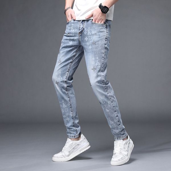 

spring and summer denim pants straight tube slim feet youth leisure waist stretch mens printed jeans wear, Blue