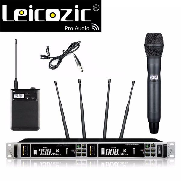 

leicozic uhf wireless microphone & receiver system 615-820mhz lavalier + handheld microfone prfessional for stage church atx118d microphones