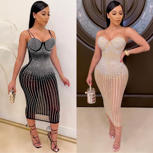 

women dress club party style summer spaghetti strap bodycon fashion long dresses perspective stitching mesh, White;black